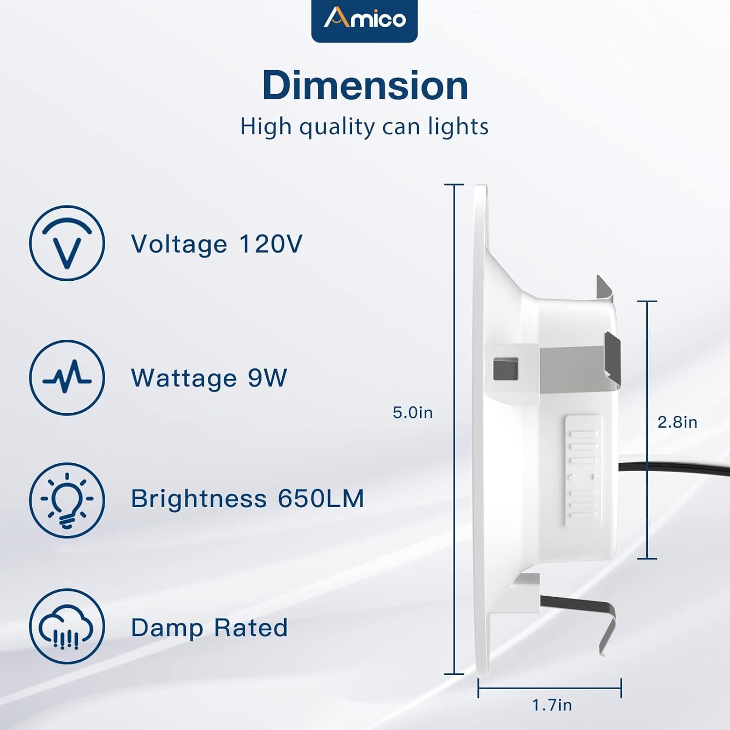 Amico 4 inch 5CCT LED Recessed Lighting 1 Pack, Dimmable, Damp Rated, 9W=60W, 650LM Can Lights with Baffle Trim, 2700K/3000K/4000K/5000K/6000K Selectable, Retrofit Installation - ETL & FCC Certified