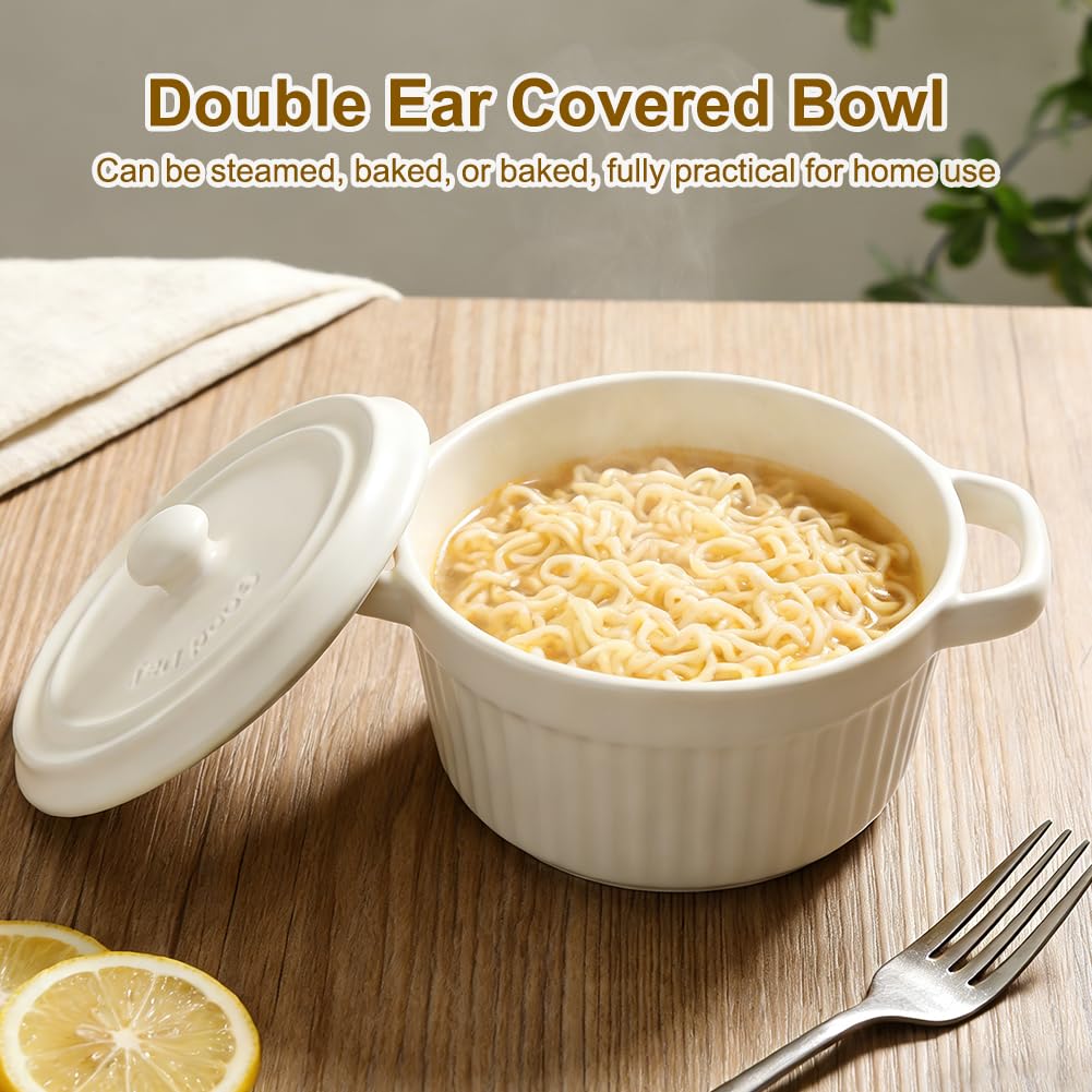 Mini cocotte con coperchio, pirofila in ceramica con manici e coperchio, stampini rotondi con coperchio per lasagne, soufflé, crème brûlée, dessert, per microonde e forno (Bianco, L-400ml-1pc)