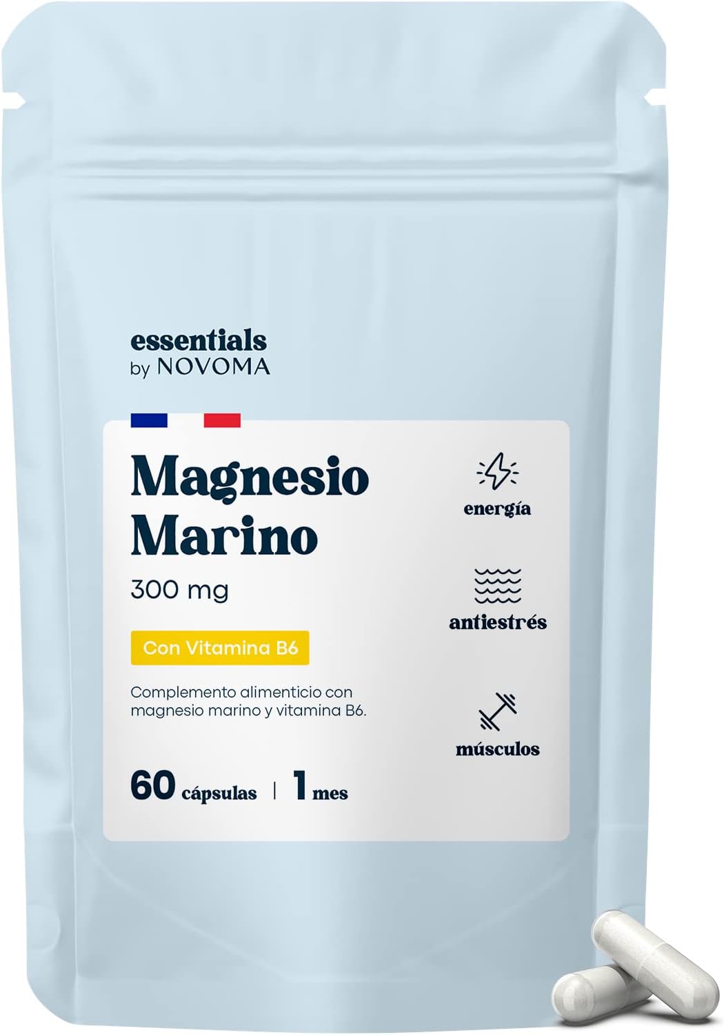 Magnesio Marino + Vitamina B6, Reduce el Cansancio y la Fatiga, 60 Cápsulas Veganas para 1 Mes, Alta Dosis 300mg/día de Magnesio Puro, Essentials by Novoma