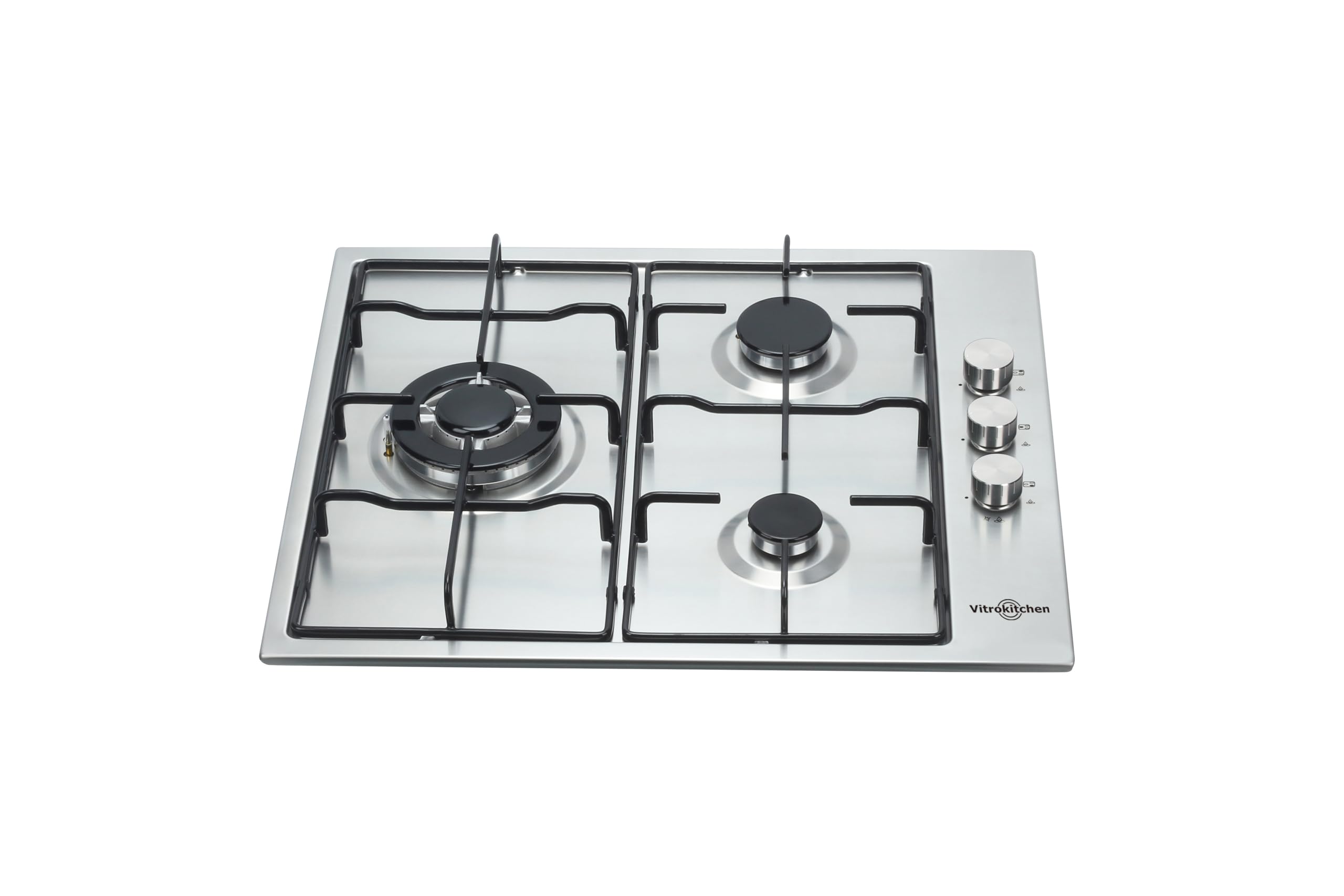 Vitrokitchen EN630-0LIN - Placa de Gas Natural 3 fuegos con encendido electrónico, acero inoxidable, seguridad Gas-Stop, 60cm