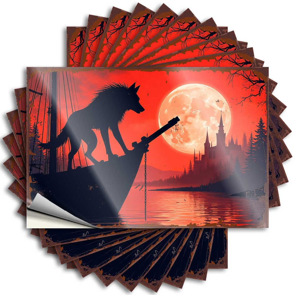 Fzfn Boys Colour Cool Garage Decal | Wolf Howling At Full Moon On Haunted Ship Book For Mold Decor(8X12cm)