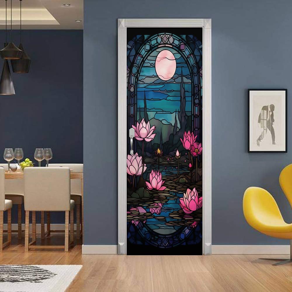 REDAMANCY Vintage Stained Glass Pink Lotus Floral Purple Navy Night Moon Peel and Stick Door Stickers Vinyl Decals Decor Modern Self-Adhesive, Waterproof, Removable