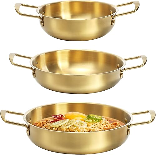 Okllen Juego de 3 ollas de fideos ramen coreanos con asas, sartén de acero inoxidable para todos los días, olla de cocina coreana dorada para sopa,
