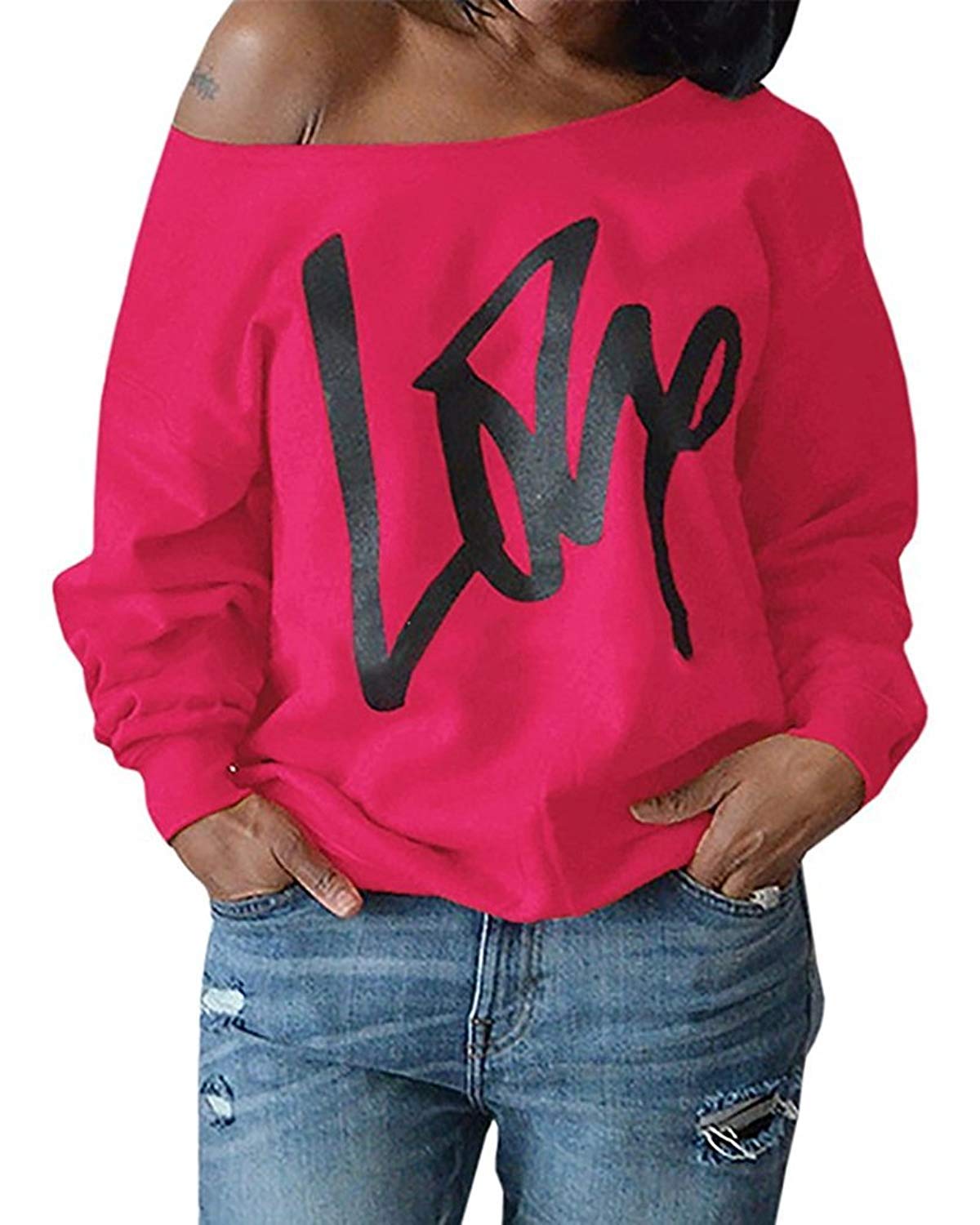 Yanekop Womens Oversized Sweatshirt Love Letter Printed Off Shoulder Sweatshirt Loose Slouchy Pullover Tops(Rose Red,XL)