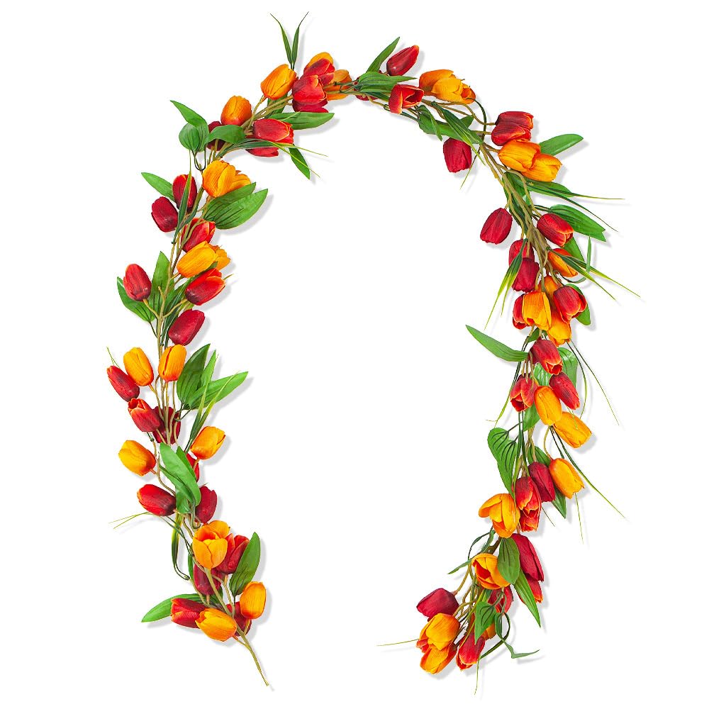 6.56FT Artificial Tulips Garland Spring Garland Easter Decorations with Green Leaves Hanging Vines for Valentines Day Easter Wall Home Wedding Indoor Outdoor Decor (Yellow)