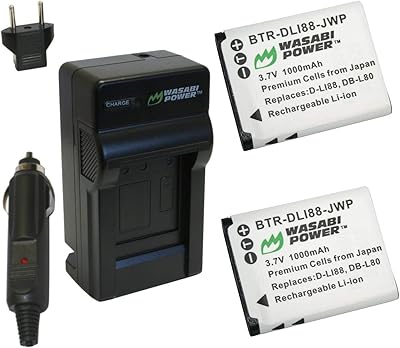 Wasabi Power Battery (2-Pack) and Charger for Pentax D-LI88, Optio H90, P70, P80, W90, WS80