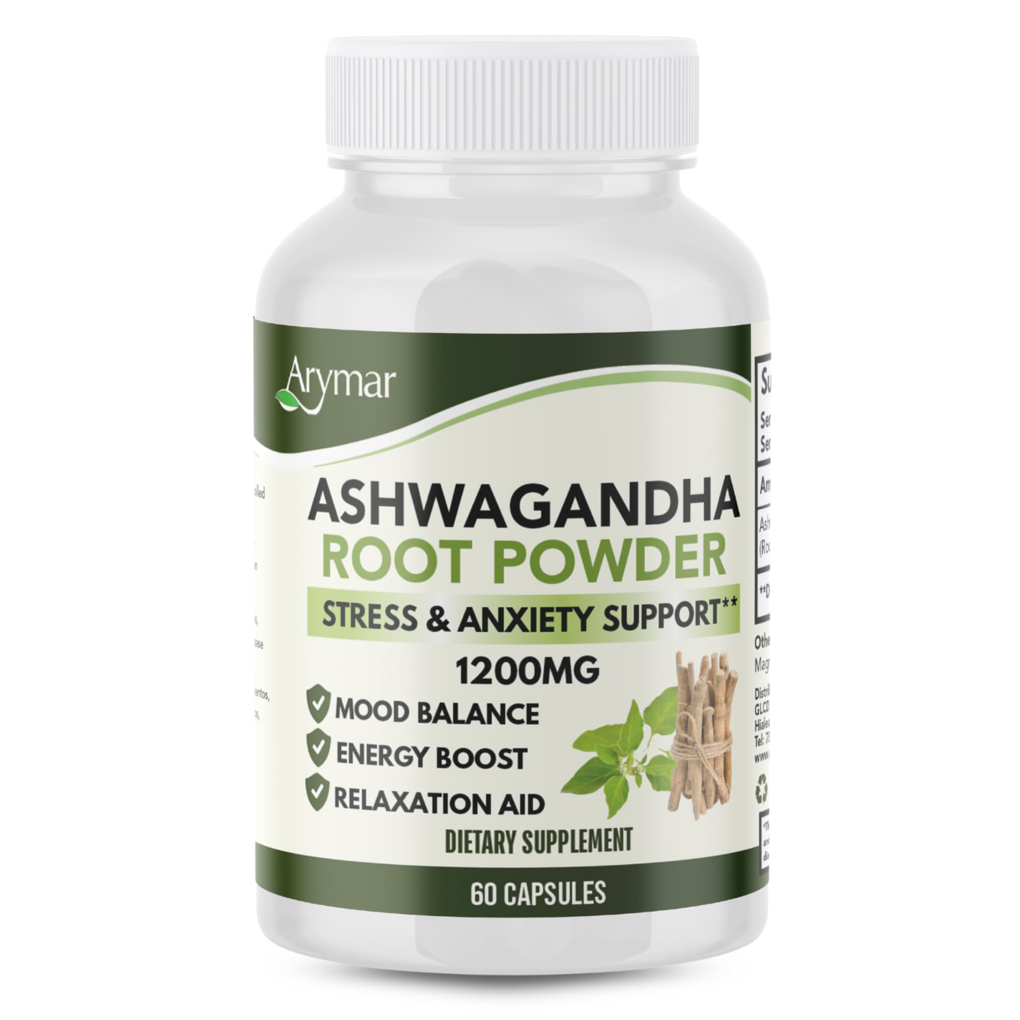 Arymar Ashwagandha Root Powder Capsules – 60 Capsules – Adaptogenic Herbal Supplement