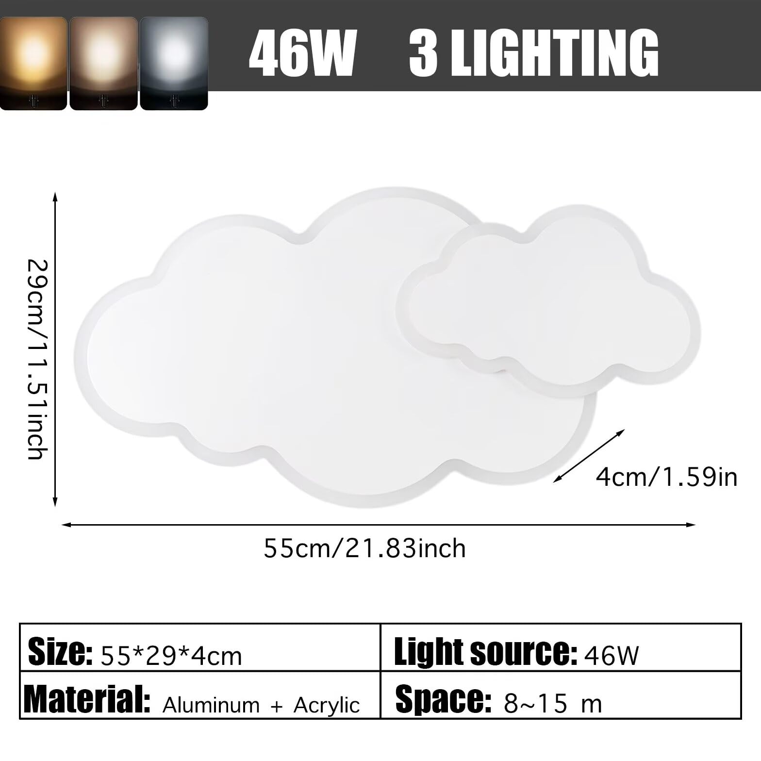 Lámpara de techo Nube LED 3D de 55 cm con 2 nubes, lámpara de araña para habitación infantil, sala de estar, dormitorio de niño o niña, 3 luces, 46 W