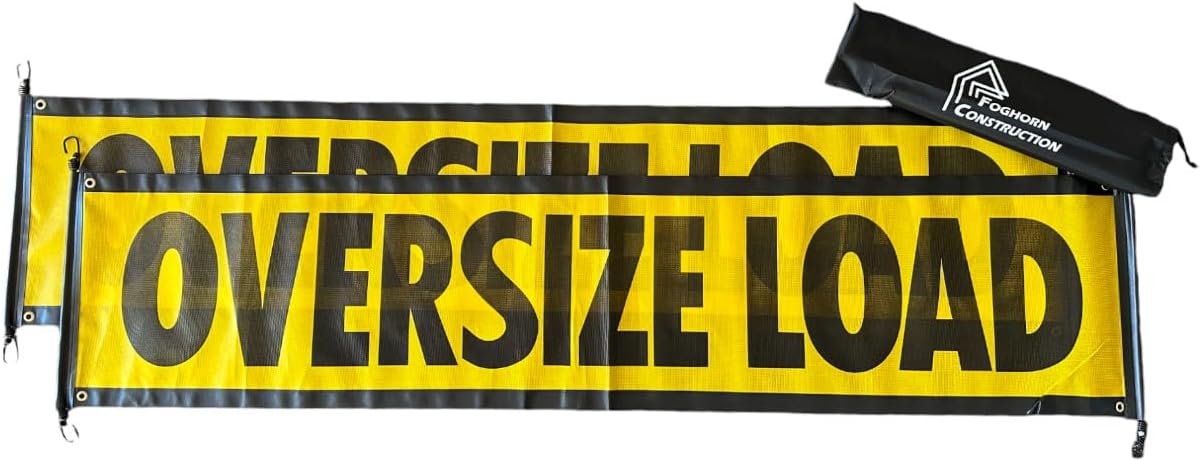 Two Oversize Load Signs for Truck Escort Vehicle Pilot Car Semi Trailer Long Equipment, High Visibility EZ Quick Mount Road Safety Warning Flags, 18” x 84” Wide Load Banners with Grommets & Hooks, 2 Pack