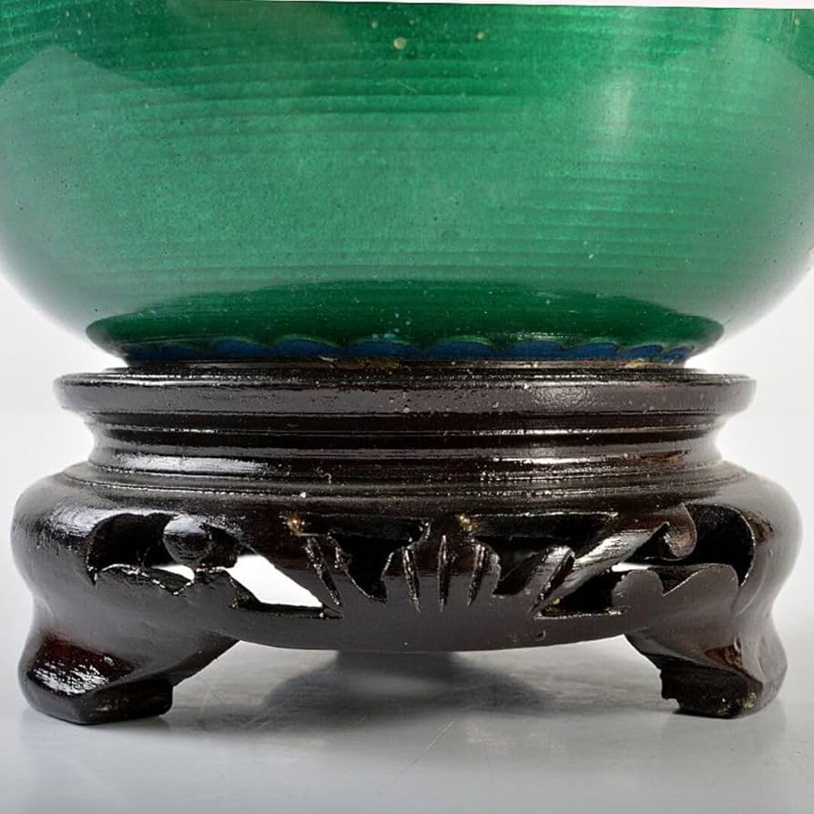 中国 古七宝 緑透釉 銀線象嵌 花蝶文 小鉢 唐木台付 M R6842 中国 古七宝 緑透釉 銀線象嵌 花蝶文 小鉢 唐木台付