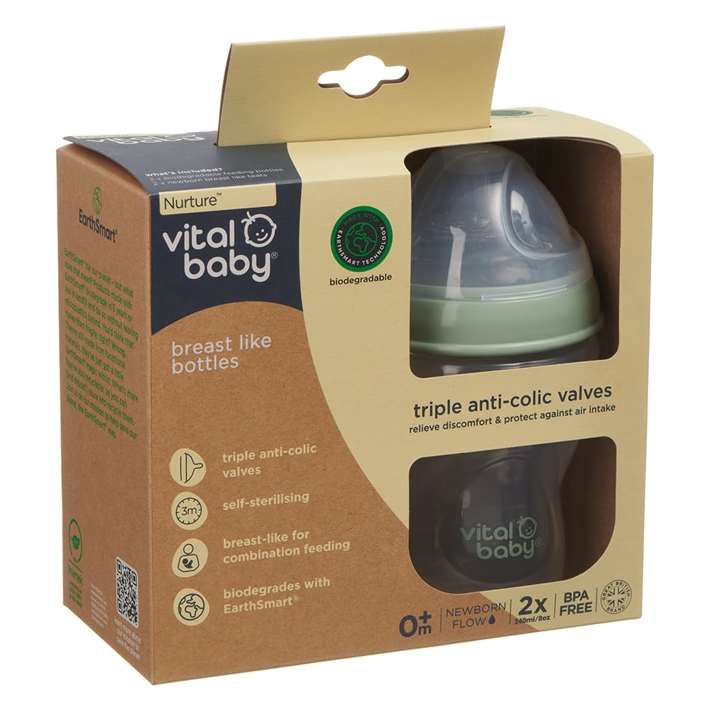 Vital Baby Breast-Like Baby Feeding Bottles 0m+, 240ml, Self-Sterilising in 3 Mins, Triple Anti-Colic Valves, Slow Flow Teats - Image 2