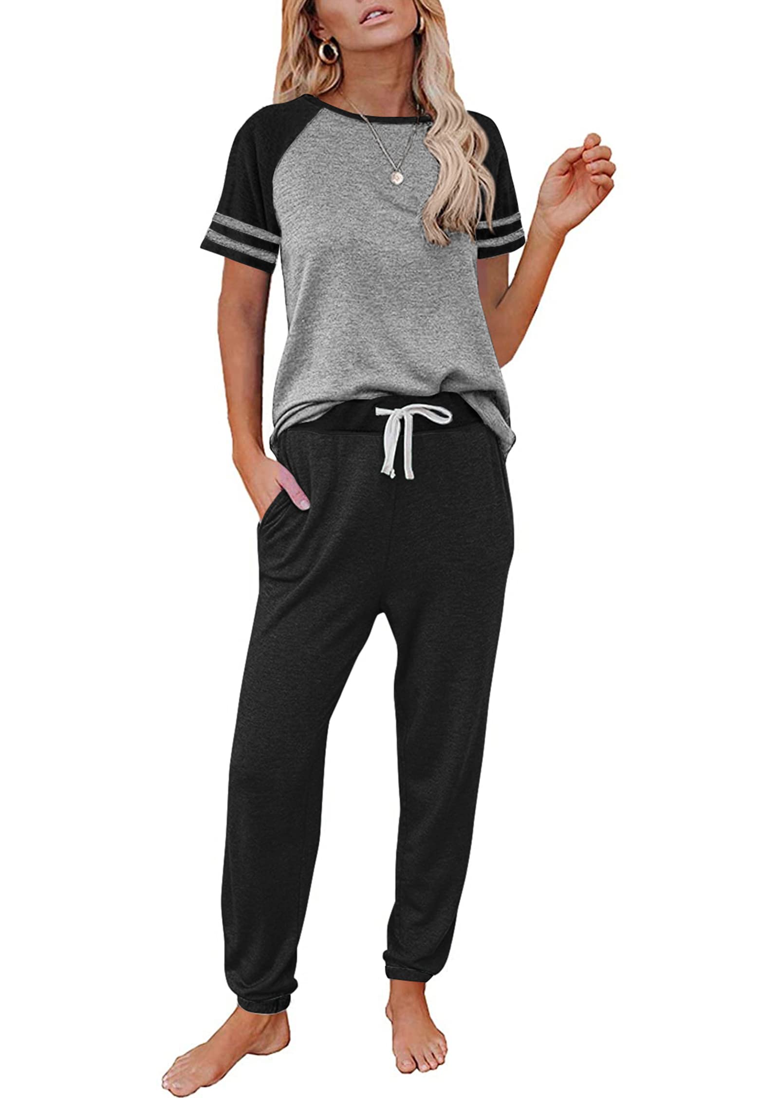 PRETTYGARDEN Women Summer Two Piece Outfits Striped Short Sleeve Pullover and Long Pants Tracksuit Travel Pajama Lounge Set