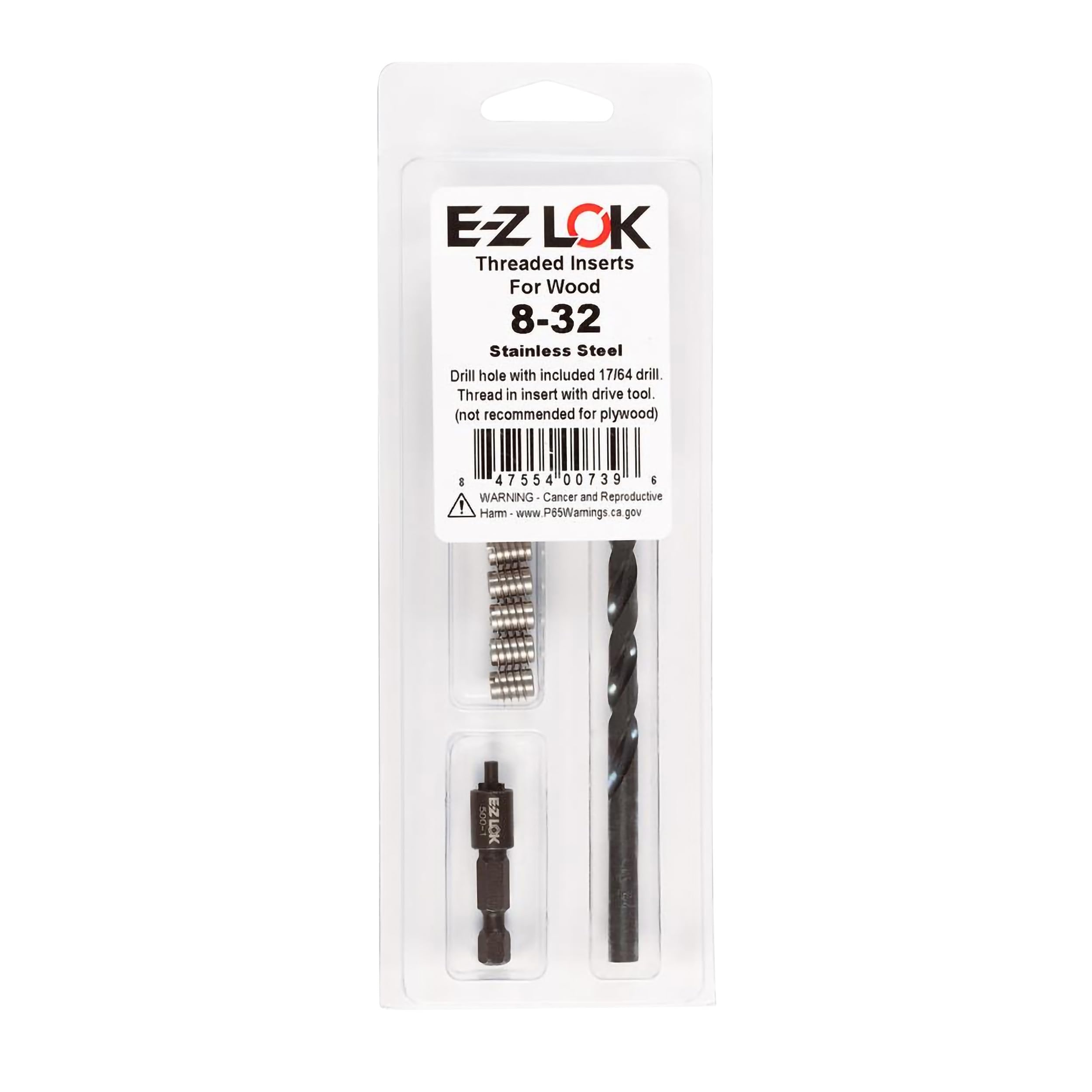 E-Z LOK 400-008-CRThread Installation Kit for Wood Stainless Steel Threaded Inserts, Includes 8-32 Knife Thread Inserts (10), Drill, Installation Tool