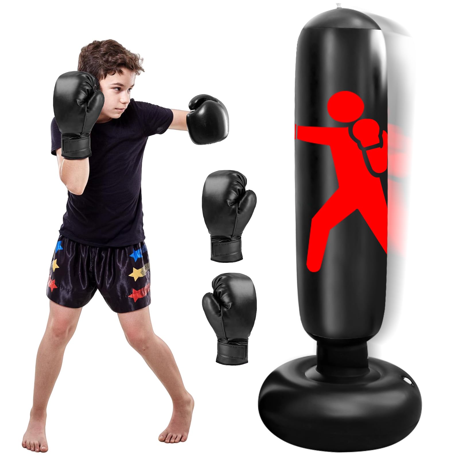 Sacco da boxe per bambini, 160 cm, con guantoni da boxe, sacco gonfiabile per ragazzi e ragazze dai 3 ai 12 anni, set da boxe per bambini, sacco da boxe in piedi, per interni ed esterni, karate