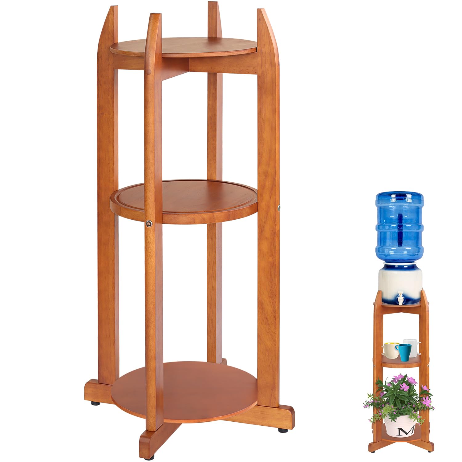 Natural Solid Wood Water Dispenser Stand (32.8"Hight-11.2"Wide) Ceramic Water Dispenser Floor Stand, 5 Gallon Water Jug Stand with 3 Round Shelfs