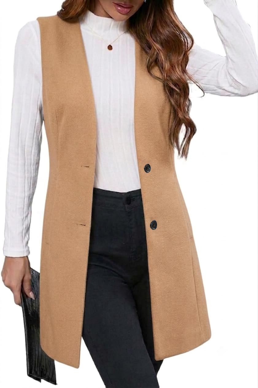Long Plaid Vest for Women Fall Winter Trench Coat Sleeveless Blazer Jacket Cardigan Wool Vest Top Waistcoat-image-49