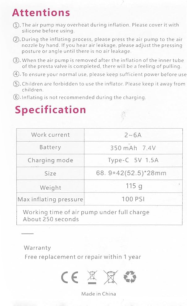 Mini Bike Pump Portable Bike Tire Pump 100PSI Rechargeable with Presta Schrader Valve