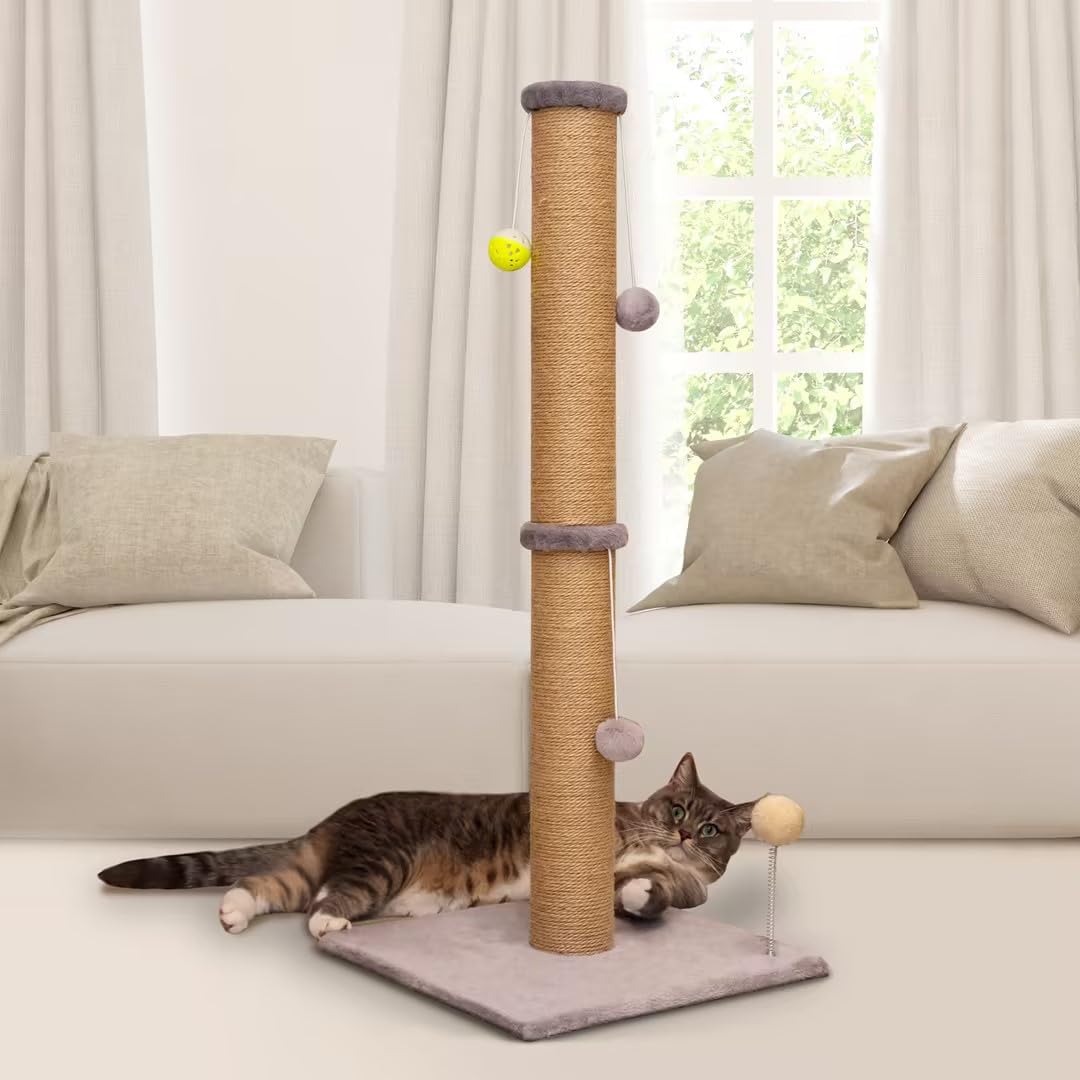 PELUOMOZ Tall Cat Scratching Post 36 inch Large Cat Scratch Post for Indoor Cats with Durable Natural Sisal Rope Scratcher Post Tree Kitten Interactive Toy-Gray