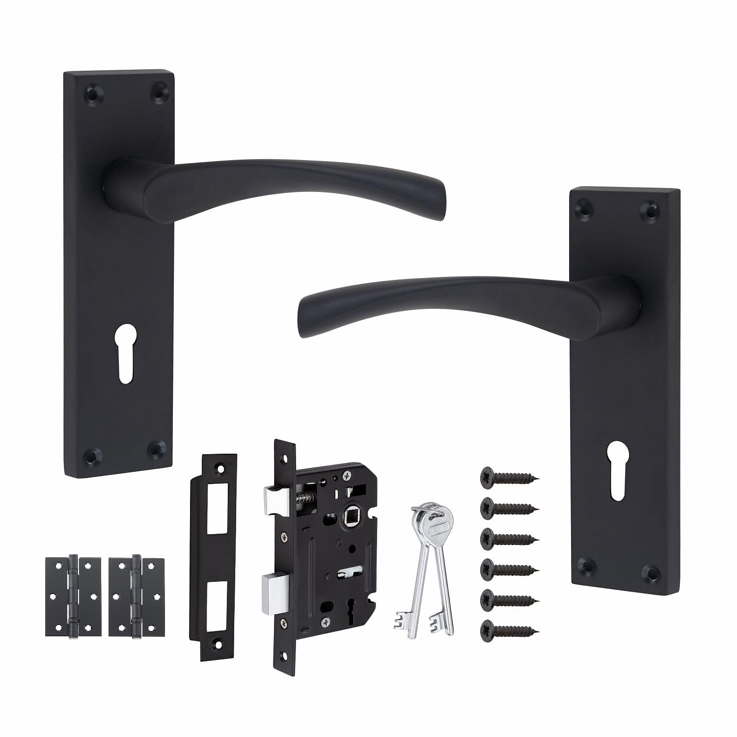 Golden Grace Victorian Scroll Astrid Door Handles Lever Lock in Matt Black with 3 Lever Lock Set & 1 Pair of 3" Ball Bearing Hinges