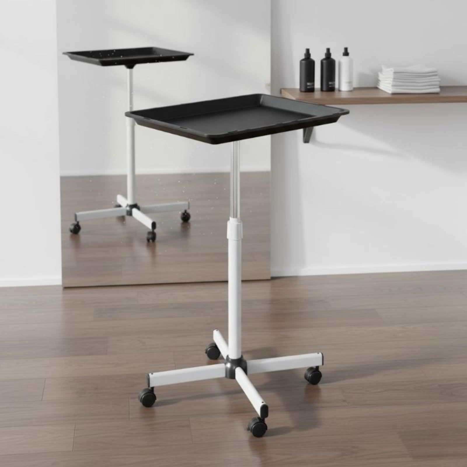 Chariot Plateau de Salon Réglable Support Matériel Coiffure Plateau Mobile Dessert Roulant Table à roulettes Poteau Ajustable pour Coiffeurs Barbiers, Blanc, Support Simple Couche