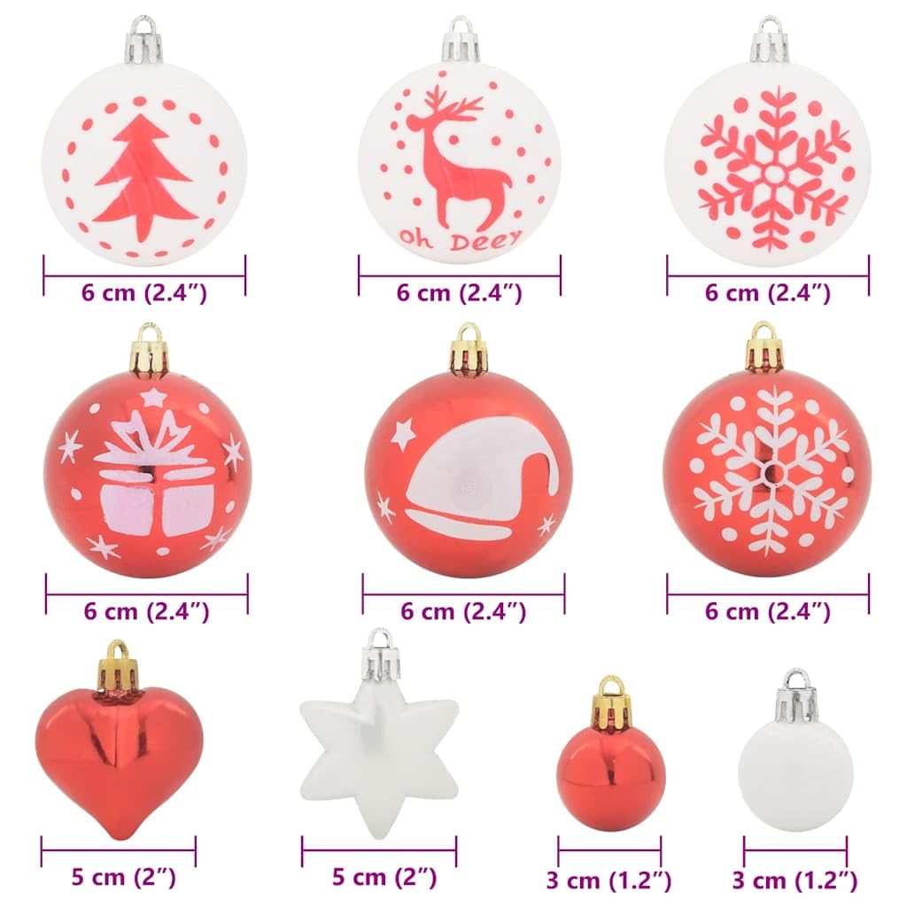 Weihnachtskugel-Set 40 pcs Rot und Weiß Kunststoff glänzend Ø 6 cm mit Herz und Stern Anhänger für Weihnachtsbaum Baumschmuck traditionelle Weihnachtsdeko Tannenbaum schmücken