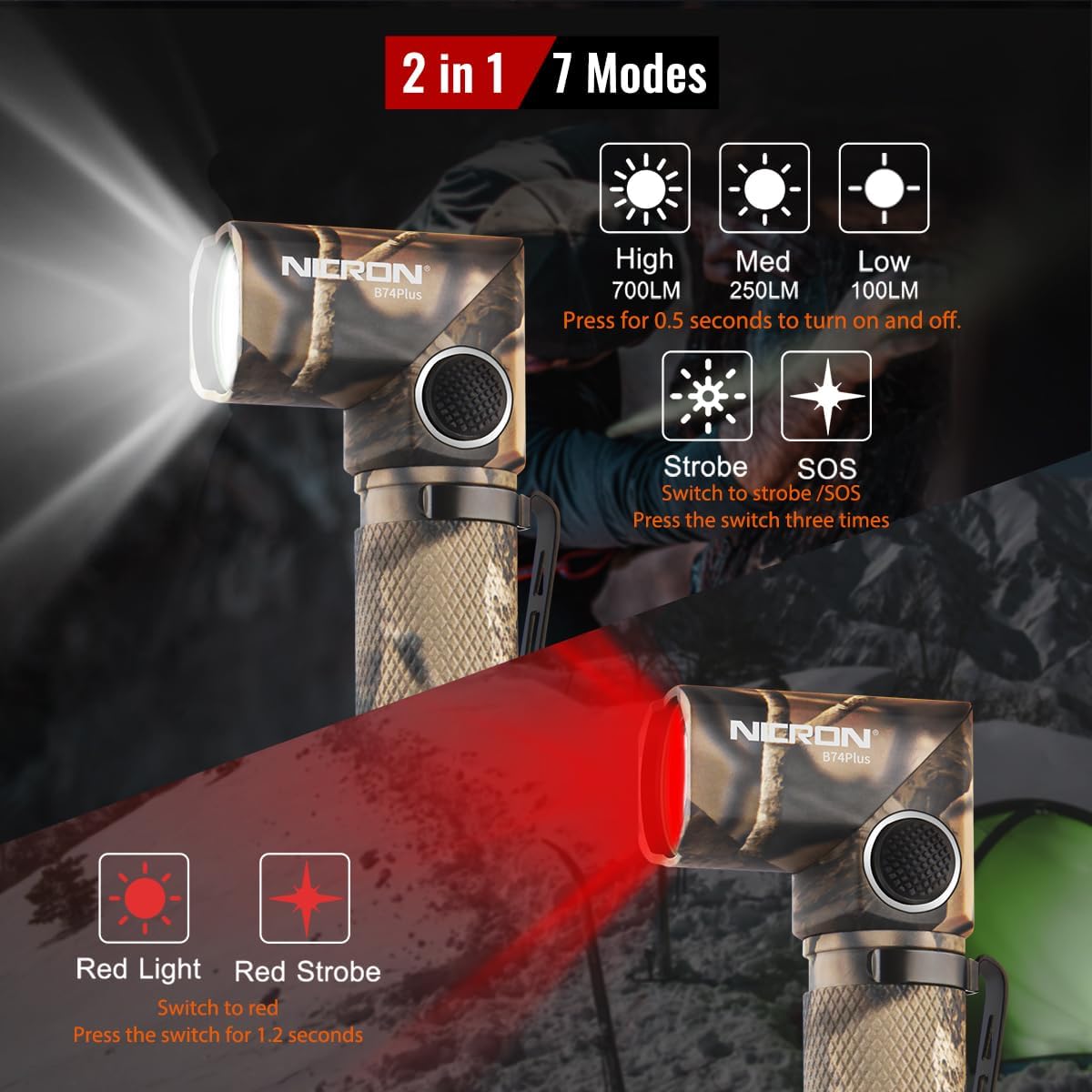 NICRON B74plus White/Red Light Flashlights Rechargeable,High Lumens 90 Degree Magnetic for Handfree,IP65 Waterproof 700 Lumens Compatiable with AA Battery for Hunting Outdoor (camo, with red Light)