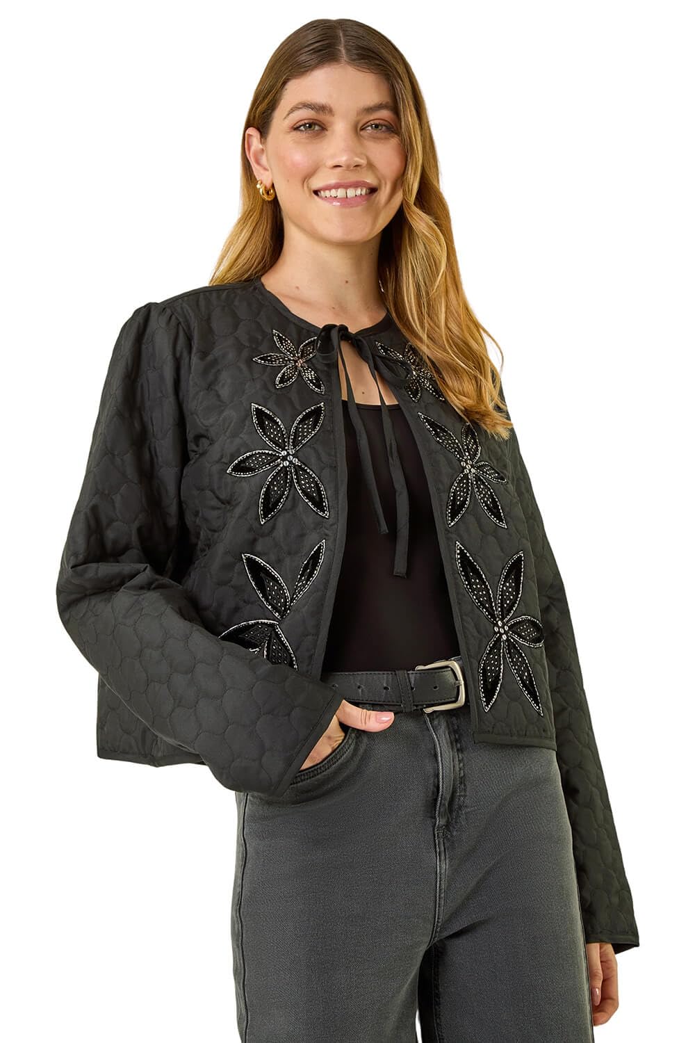 Roman Women's Black Quilted Velvet Trim Jacket In Size 20