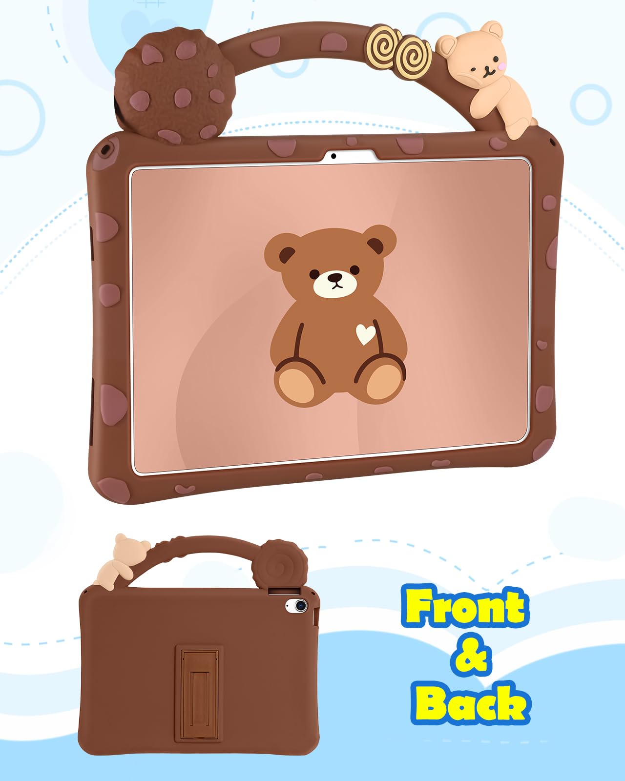 Wazzasoft for iPad A16 Case/10th Generation Case - Soft Silicone Tablet Cover for iPad 11th 11 Inch/10th 10.9 Inch with Stand Funda Girls Women 3D Cartoon Cute Brown Bear with Handle & Strap