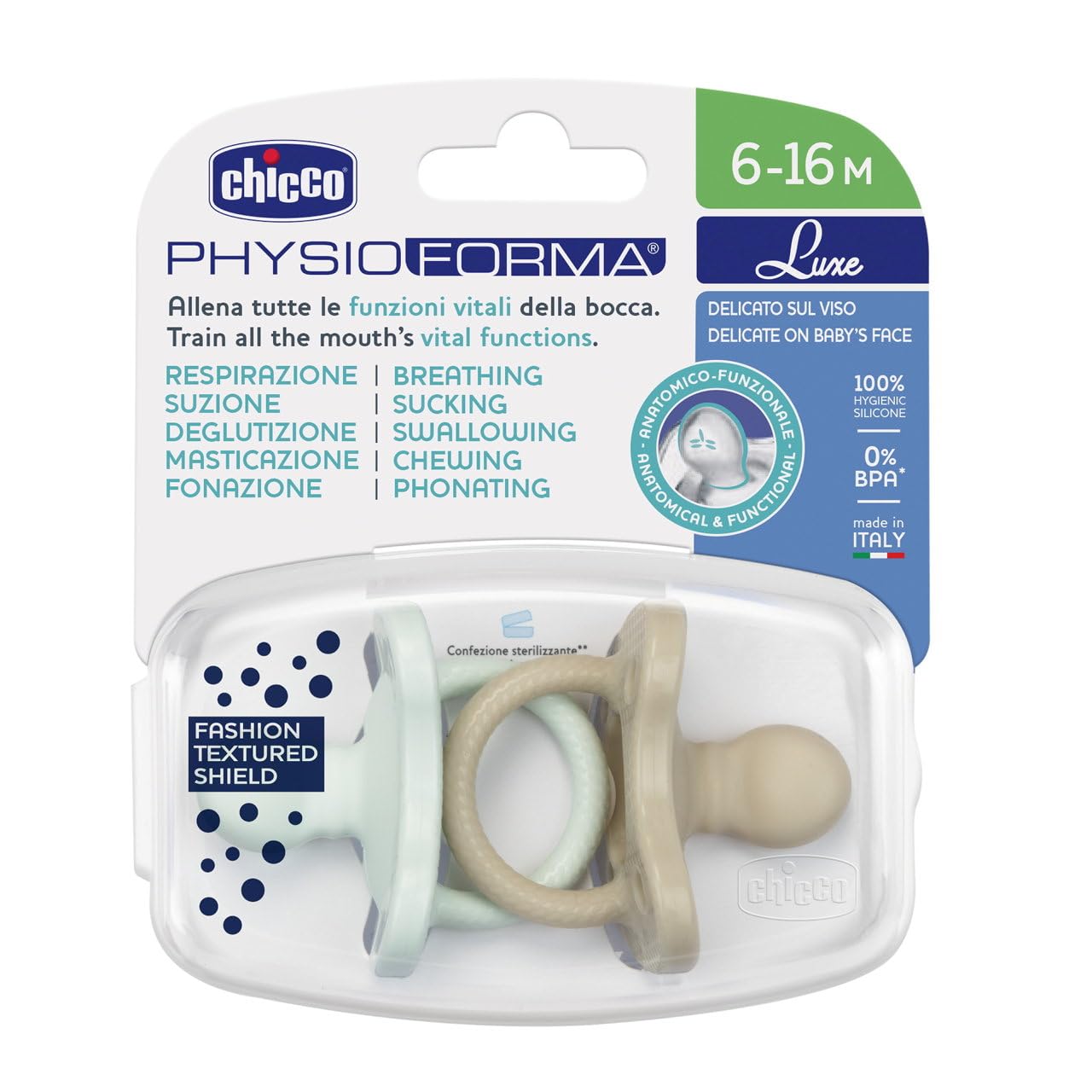 Chicco PhysioForma Gommotto Luxe, silikonowy smoczek 6-16 miesięcy, zestaw miękkich i delikatnych gumek, wspierają fizjologiczne oddychanie i promują prawidłowy rozwój ust, 2 sztuki, dziecko