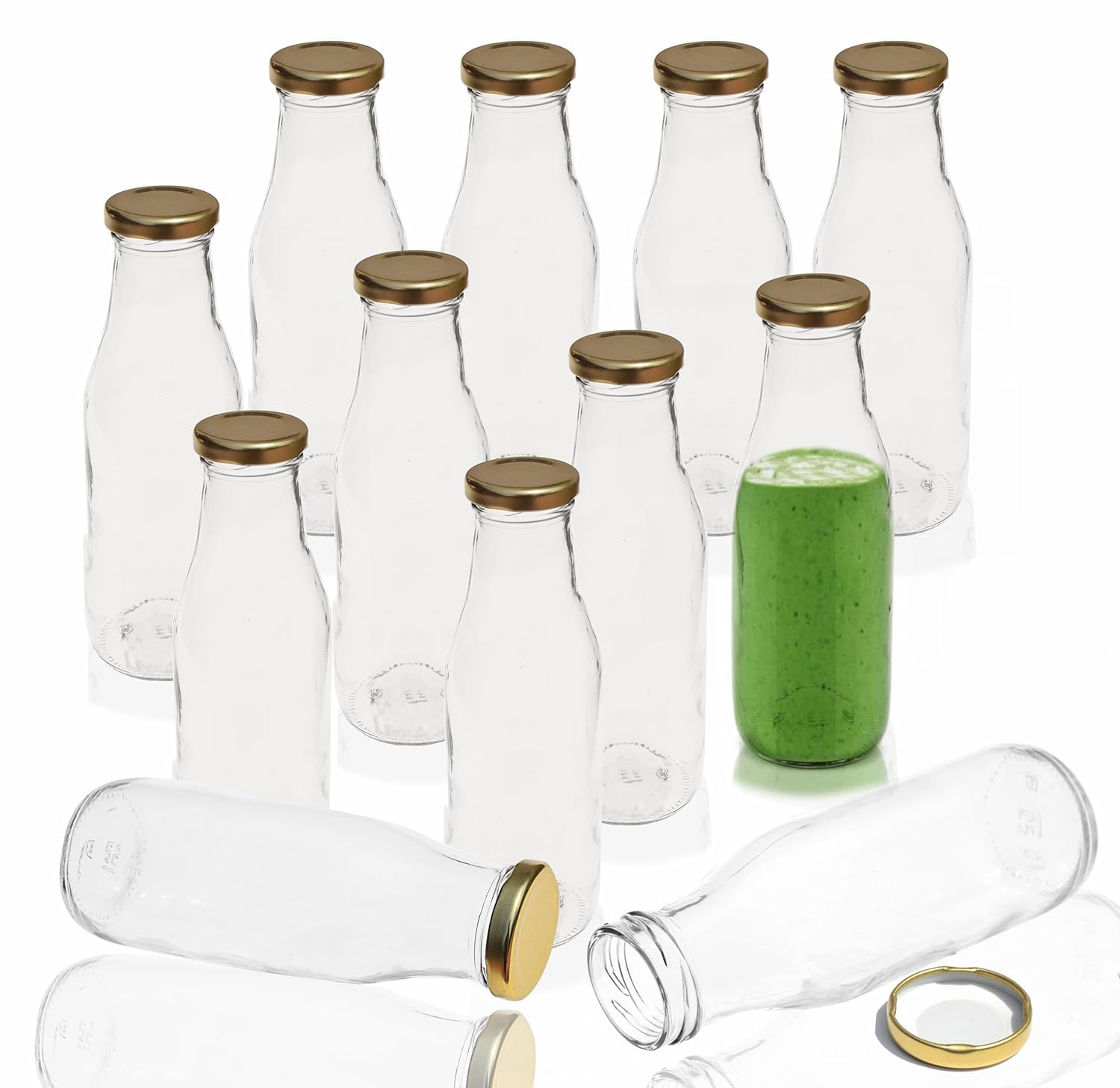 Milk, Water and Juice Glass Bottle Freezer Safe, with Air Tight & Leak Proof Cap (Transparent; 500 ml) Set of 12