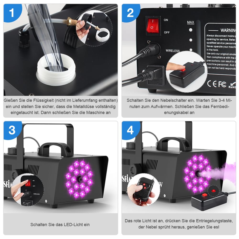 Nebelmaschine, 1200W Rauchmaschine mit 18 RGB-LEDs für Partys, Geburtstage, Halloween, Disco, DJ Bühneneffekt
