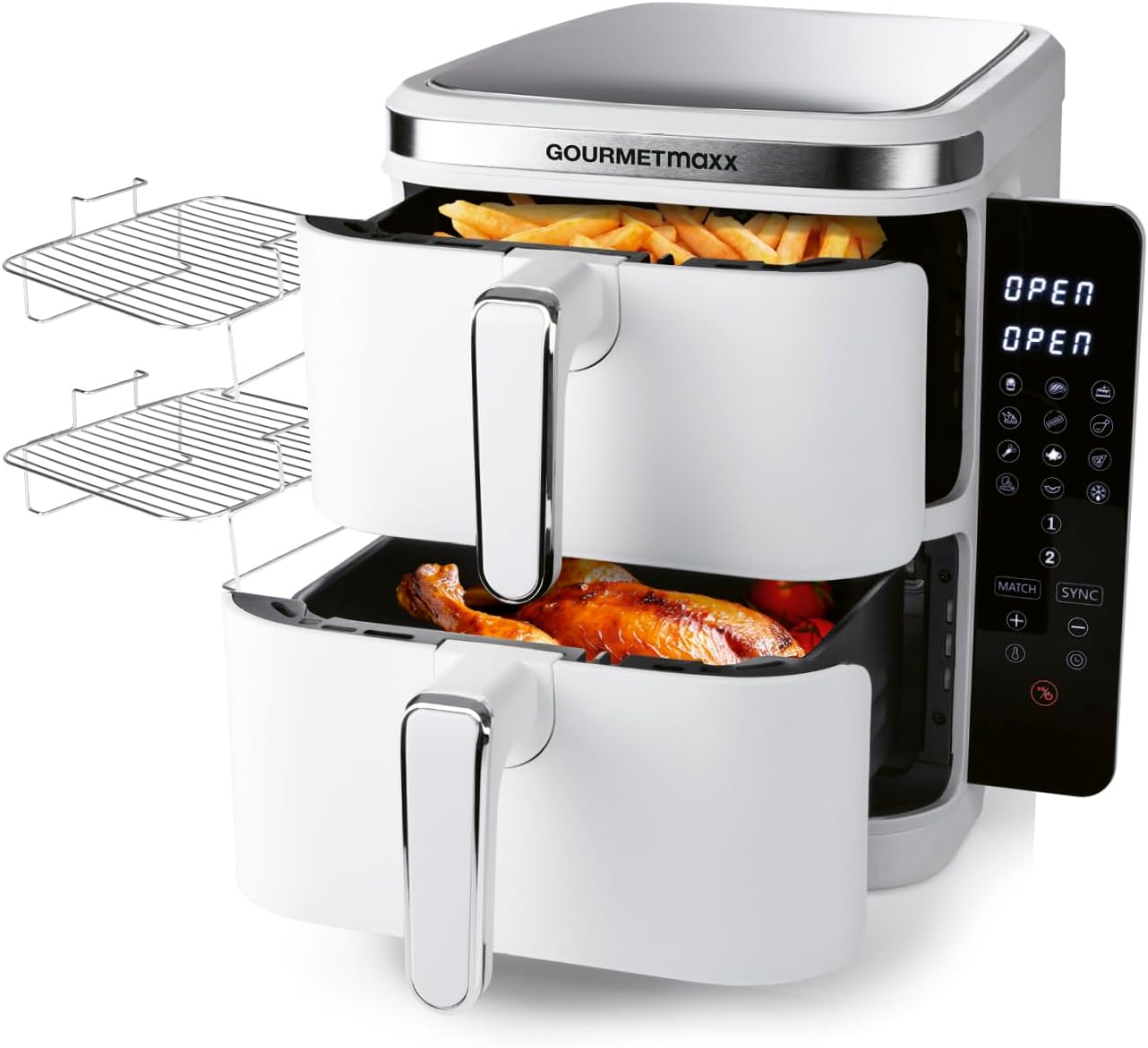 GOURMETmaxx FryUp Friggitrice ad aria calda verticale a doppia camera | Airfryer verticale | display touch pieghevole | 32% salvaspazio | capacità 10 l | friggitrice ad aria calda 2 camere