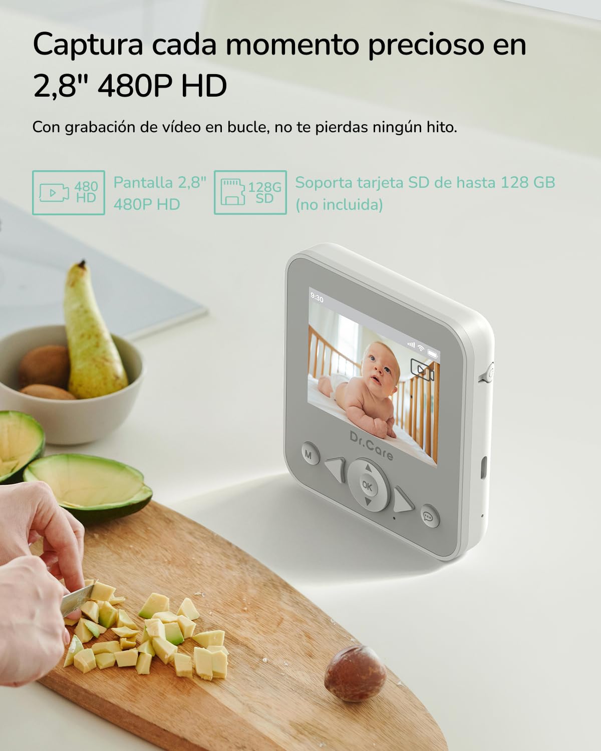 Dr. Care NeoView Monitor de Bebé, 2 Cámaras, Pantalla 2,8”, Audio Bidireccional, Grabación en Bucle, Visión Nocturna, Tiempo Real/VOX, Sensor de Temperatura, Canciones de Cuna, Clip de Cinturón