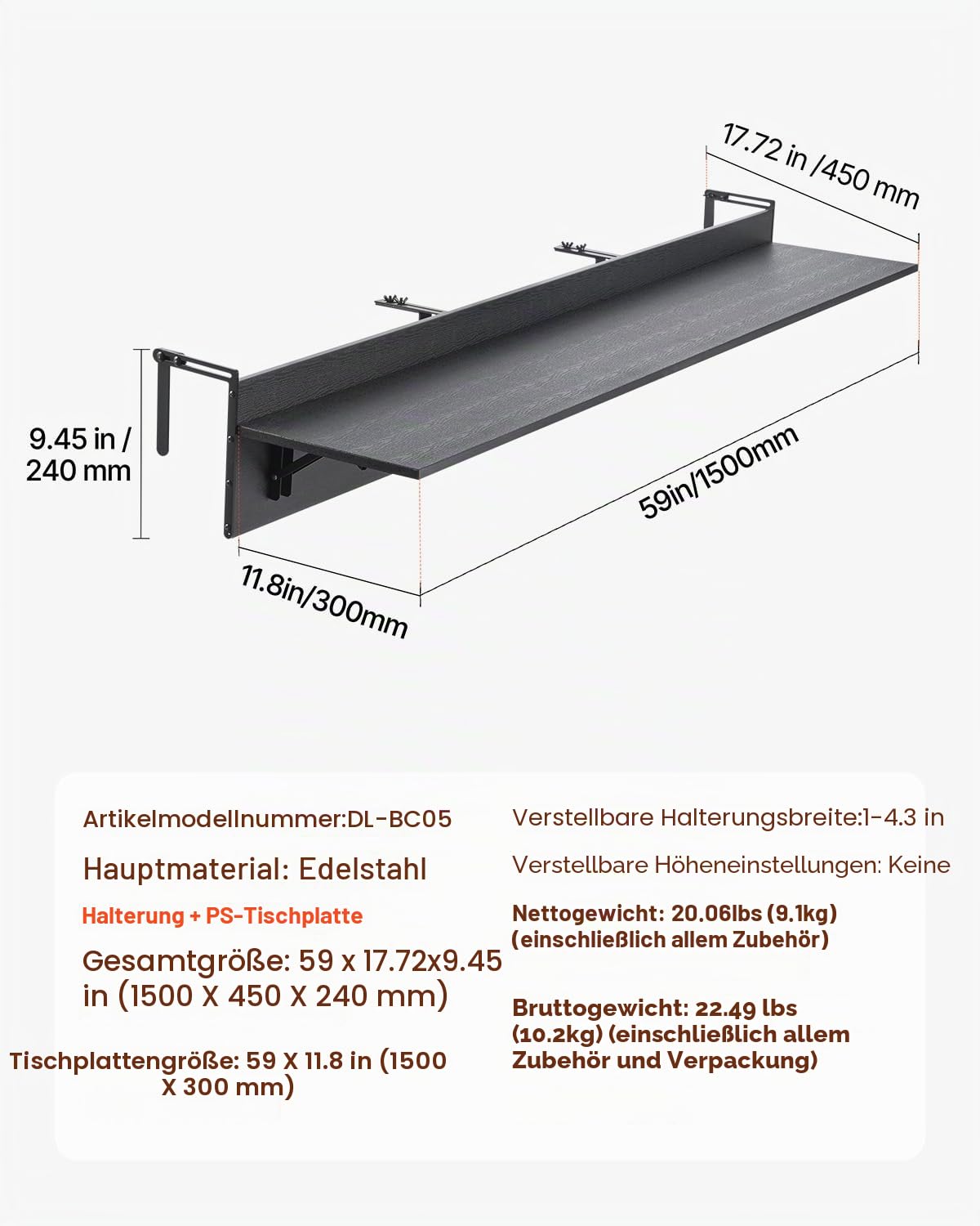 VEVOR Balkontisch, 1500x300 mm, klappbarer Balkonhängetisch, Klapptisch für den Außenbereich, 22 kg Tragkraft, passend für Geländer von 2,54 bis 15 cm, Serviertisch für Terrasse und Deck