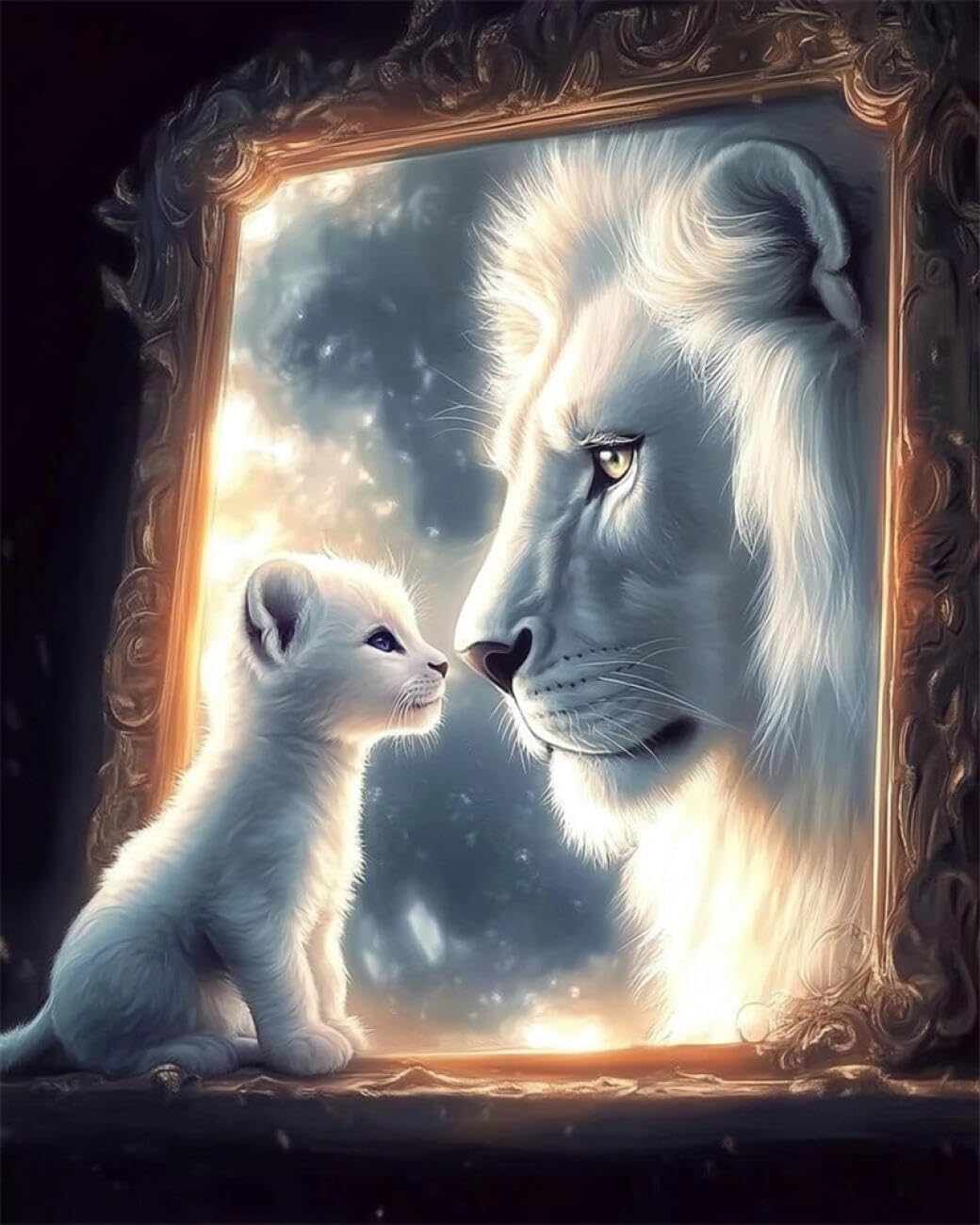 AYAOYANGGO Animal DIY Cross Stitch Kit with Beads Lion in The Mirror Cross Stitch Needlepoint Handcraft Tapestry Kit Beaded Stitching Pattern 3D Embroidery Set 40x50cm
