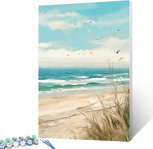 Tucocoo Kits de pintura por números de playa junto al mar, lienzo de 16 x 20 pulgadas, pintura al óleo para niños, estudiantes, adultos