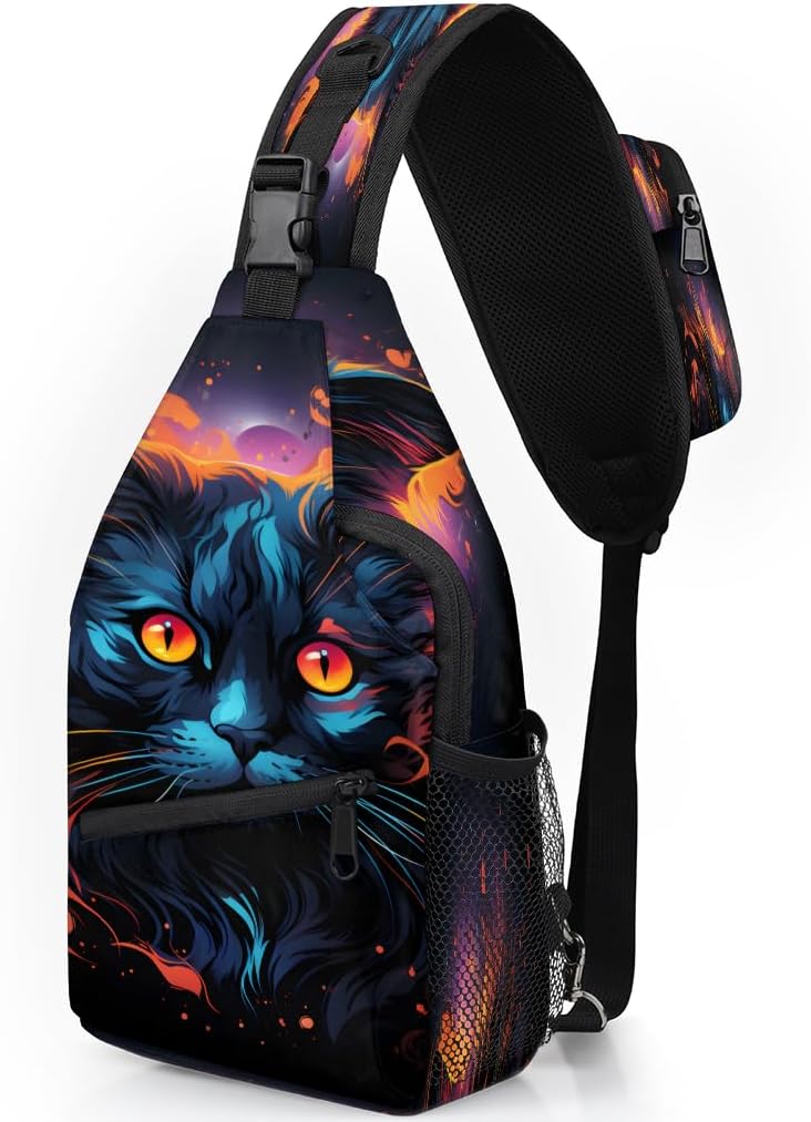 Retro Black Cat Crossbody Sling Backpack Sling Bag, Small Chest Bag Daypack Fanny Pack Cross Body Bag for Hiking Traveling Outdoors, Cat