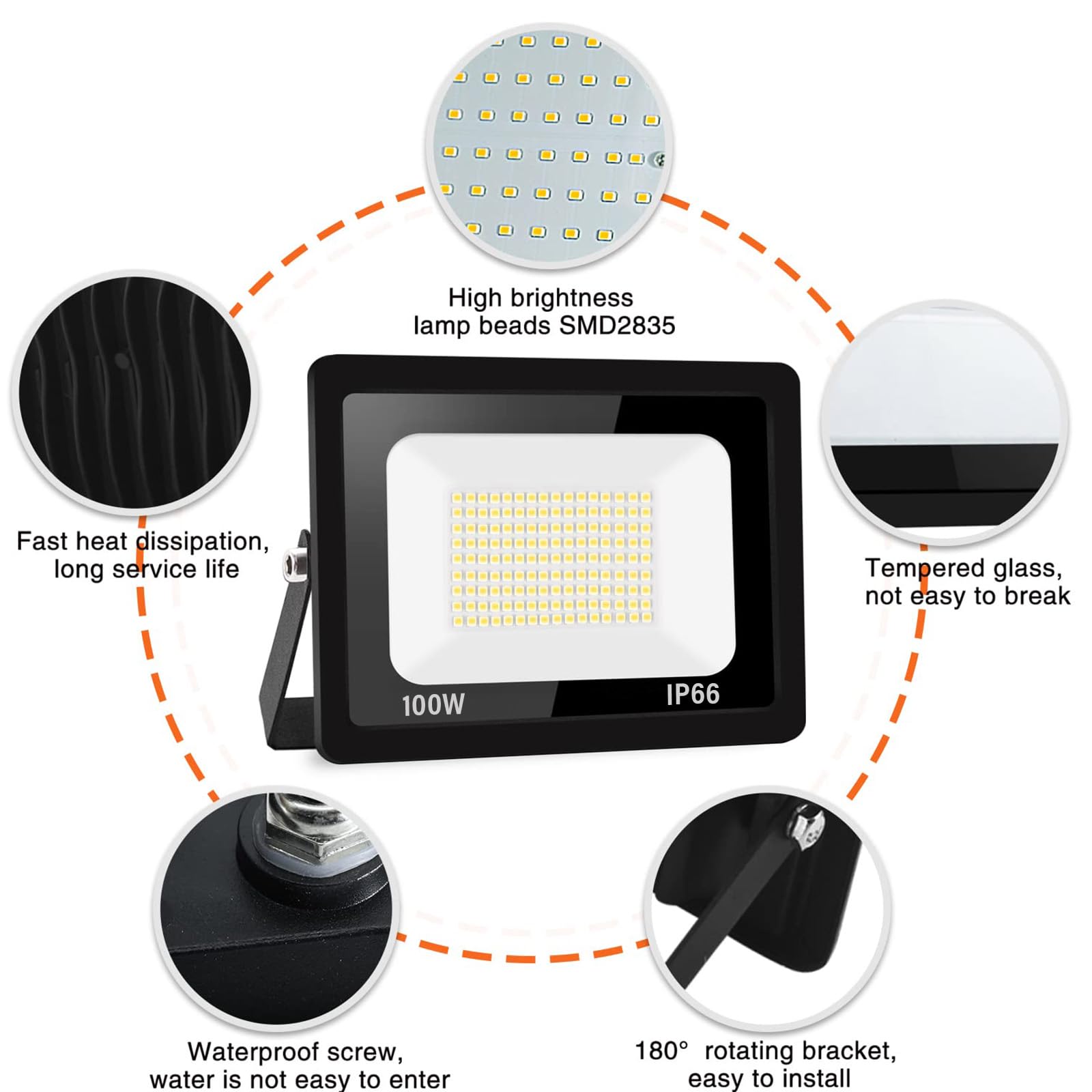 100W Projecteur LED Exterieur 10000LM IP66 Imperméable spot led exterieur Super Brillant Eclairage Extérieur Blanc Chaud(3000k) Sécurité spot led pour stades, usines, Parking, garage, jardin