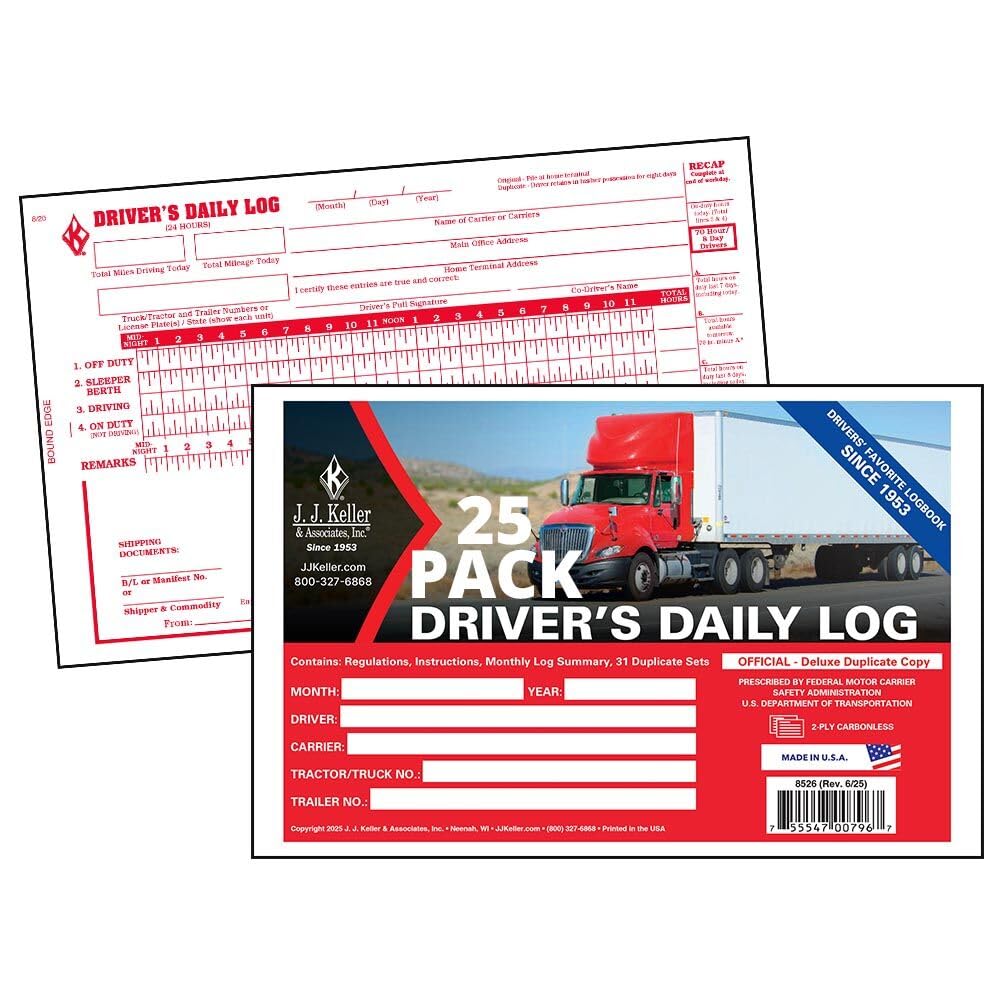 Driver Daily Log Book 25-pk. with 7- and 8-Day Recap - Book Format with 31 Sets, 2-Ply Carbonless, 8.5" x 5.5", J. J. Keller & Associates, Inc.