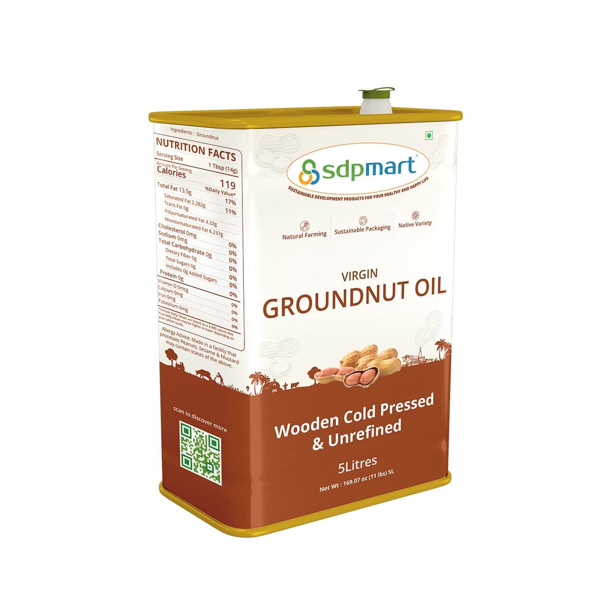 SDPMart Cold pressed virgin Groundnut oil/Peanut Oil - 5 Ltr | Chekku Oil