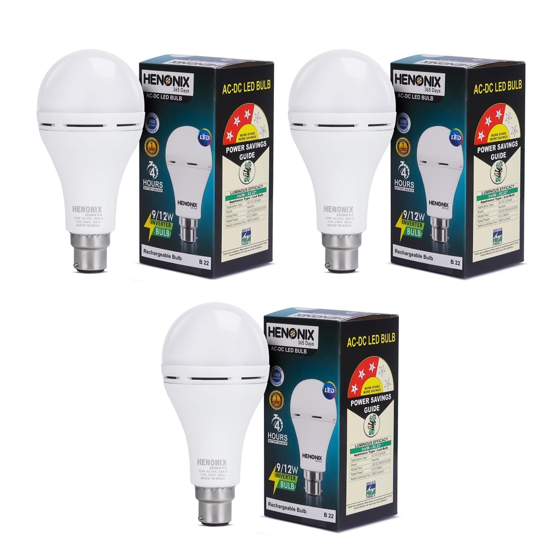 HENONIX 365 DAYS Emergency Light For Home | Led Bulb Pack Of 3 | 12 Watt Rechargeable Led Light | Matte Finish Body | Crystal White (B0CWV11GH7) Amazon Price History, Amazon Price Tracker