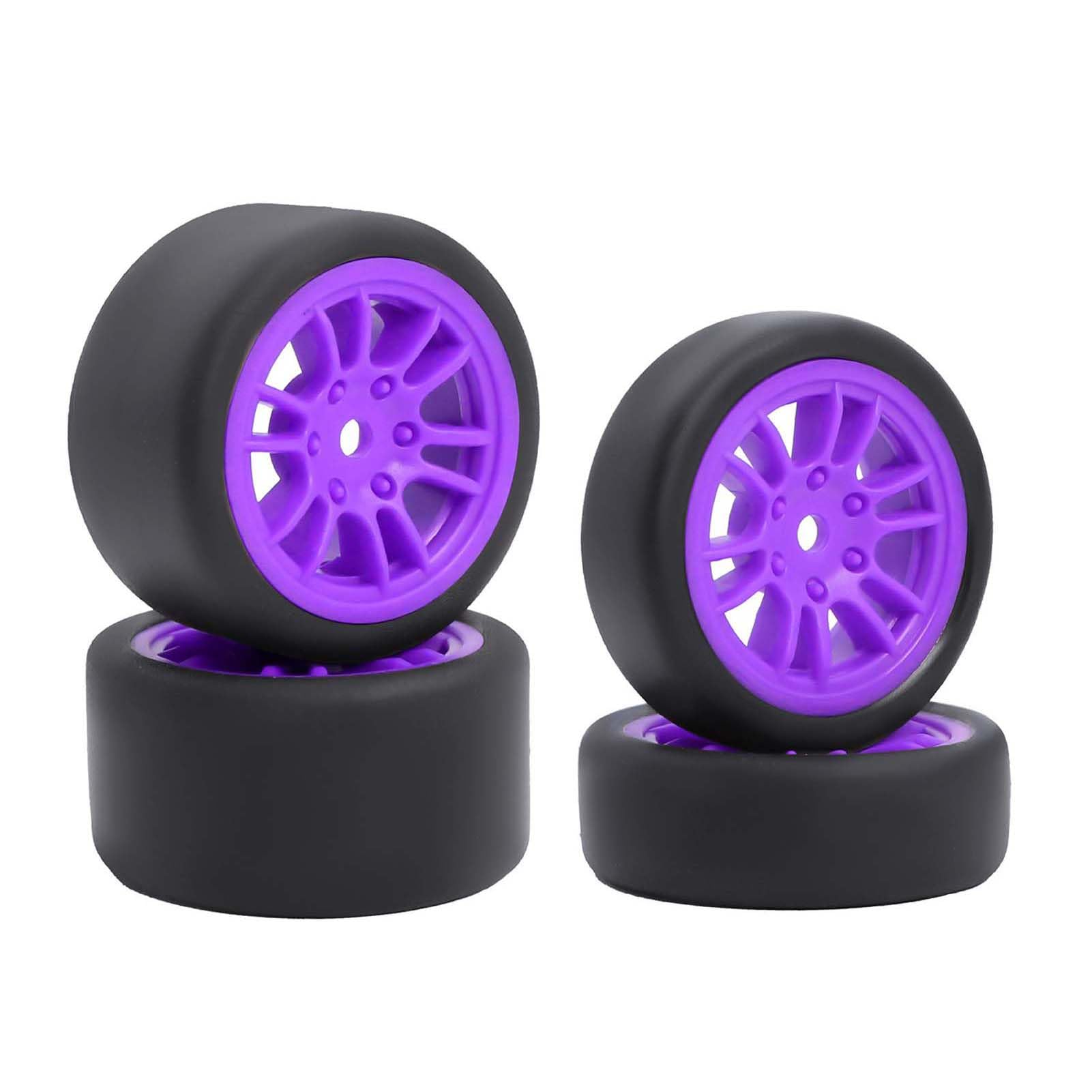 LAFEINA 4PCS Pre-Glued Rubber Slick Tires and Wheels Set for 1/24 Losi Micro-B Parts (12-Spoke, Purple)