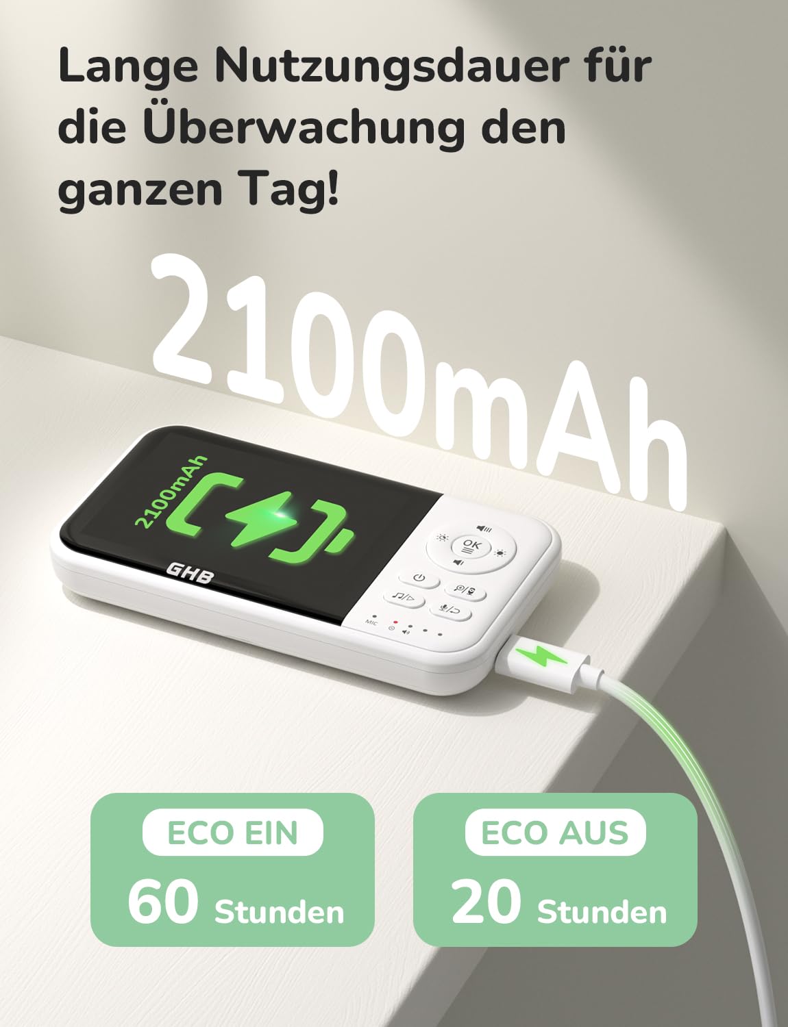 GHB Babyphone mit Kamera 3,2 Zoll LCD 2100 mAh Akku ECO Modus 60 Stunden 2X Zoom Gegensprechen Temperatursensor Nachtsicht