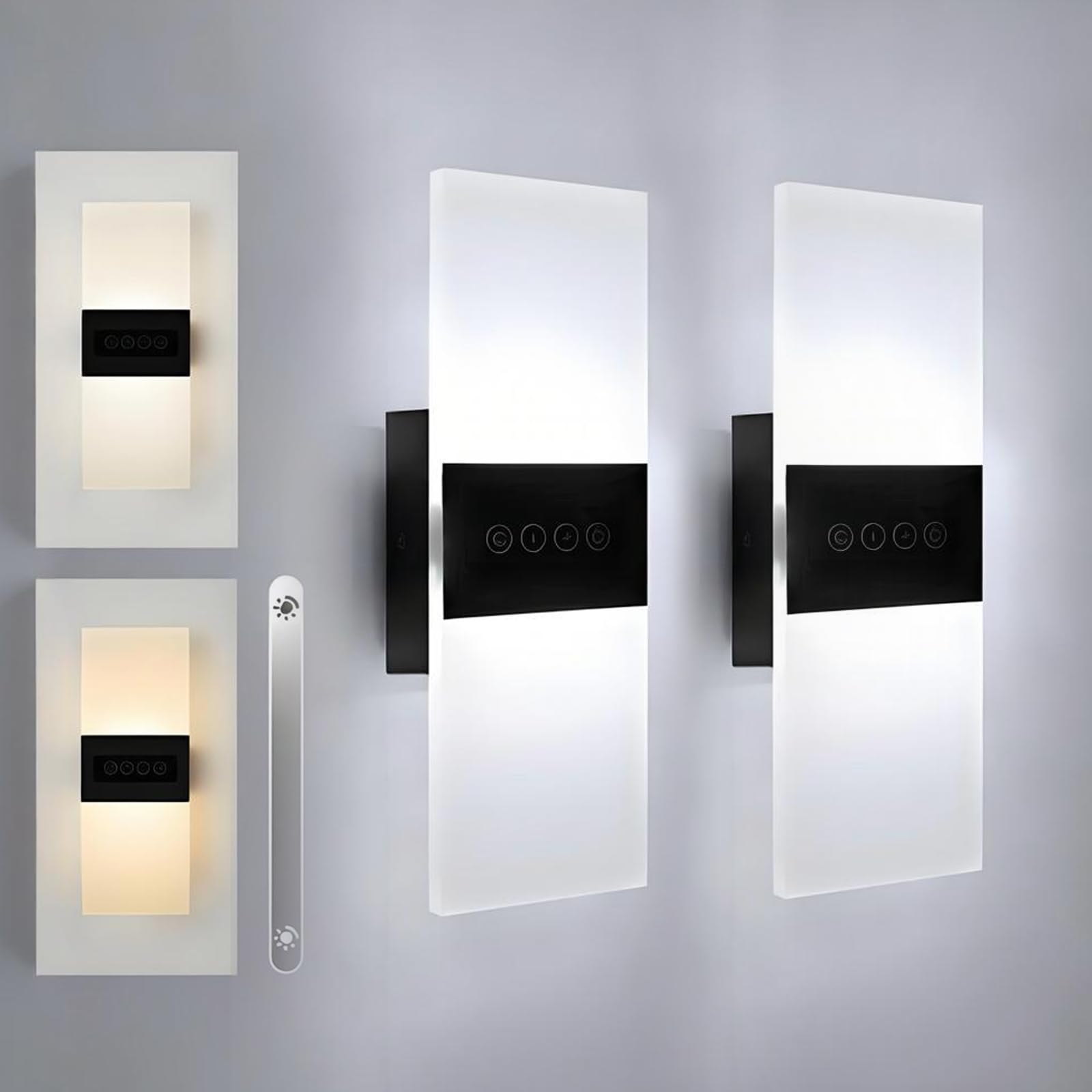 2 lámparas de pared con interruptor, lámpara de pared interior, táctil, regulable | 29 cm moderna iluminación LED de pared acrílico 12 W para escaleras, salón, dormitorio, 3000 K/4000 K/6000 K
