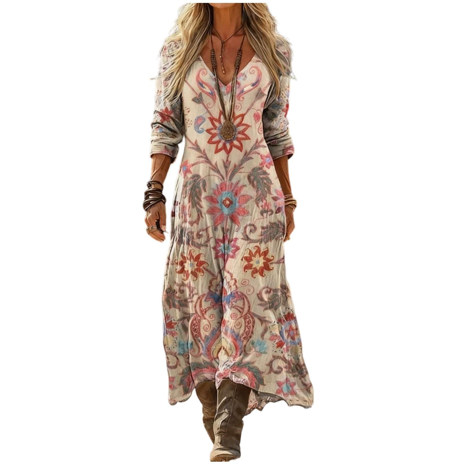 Vestito Donna Lungo Boho Chic Elegante Scollo a V Stampa Vintage Etnica Abito Casual Manica 3/4 per Vacanza Mare Cerimonia Party Cocktail Tunica Svasata Confortevole