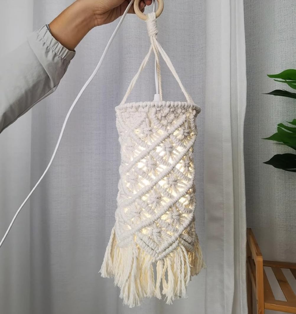 EaEa Vintage Boho Wandleuchte mit Schalter, E27 Innen Wandlampe mit 3m Kabel Stecker, Wand Nachttischlampe mit Seil Lampenschirm Weiß, Holz Rustikal Wandbeleuchtung für Schlafzimmer Wohnzimmer Flur