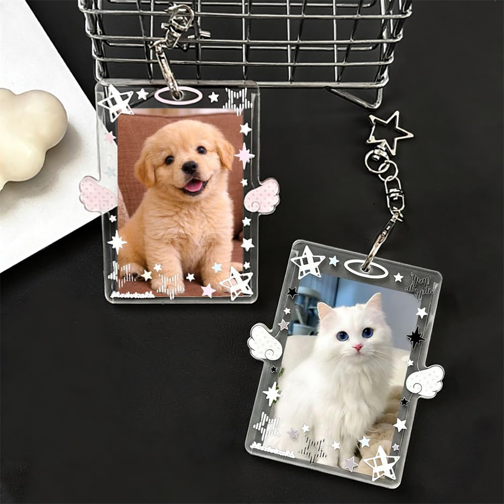 2 llaveros para tarjetas fotográficas de estrella blanca y rosa, bonito soporte para tarjetas de fotos de 3 pulgadas para mujer, soportes verticales para tarjetas de fotos, llavero de plástico