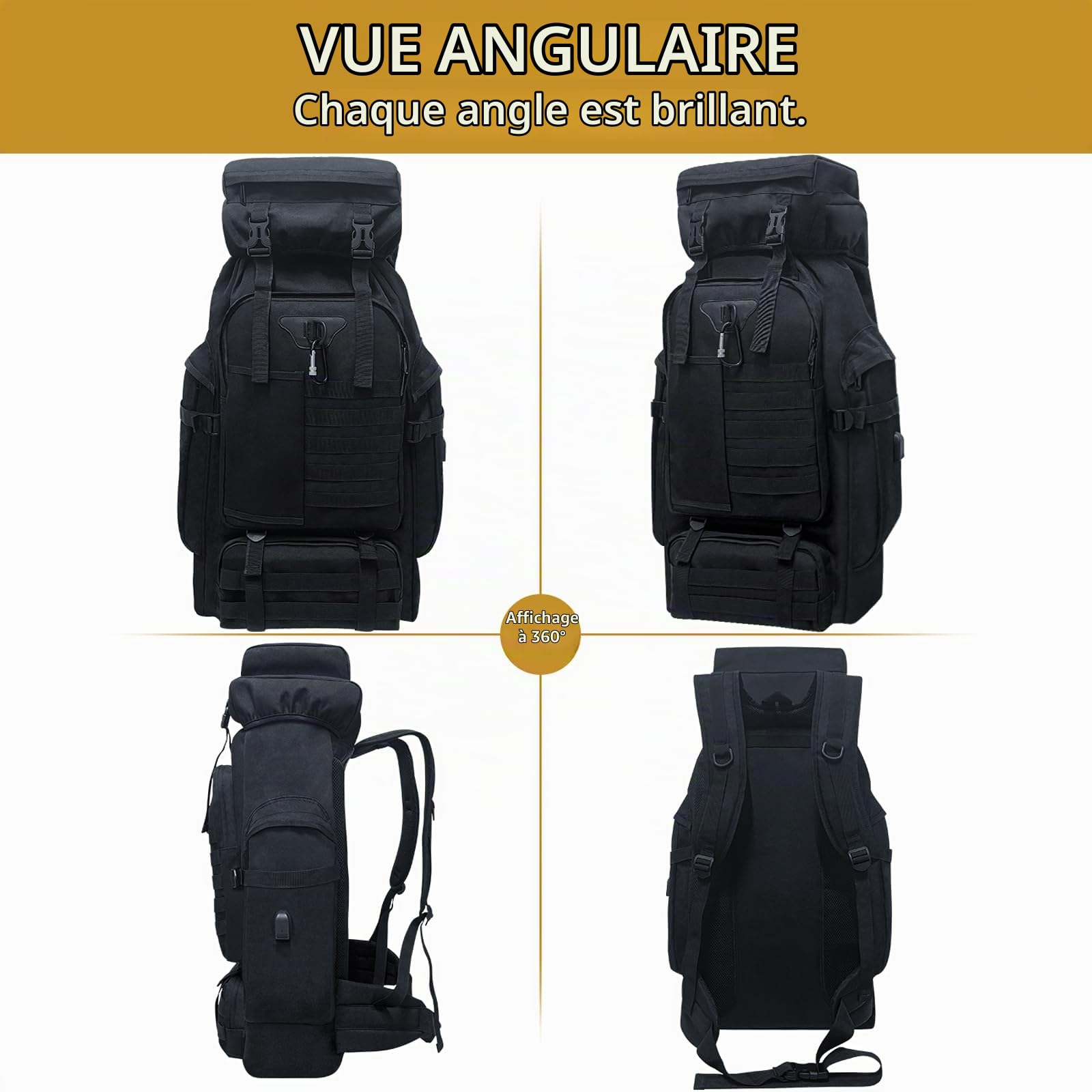 Sac à Dos de Randonnée de Camping 80L, Grand Sac à Dos Tactique Militaire, Sac à Dos De Voyage Étanche Avec Mousqueton Sac à Dos MOLLE Extérieur pour Hommes Femmes (Noir)