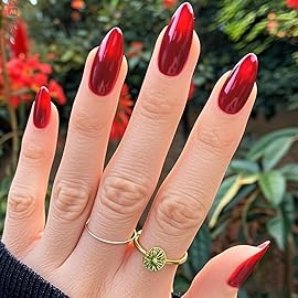 GLAMERMAID Ruby Red Press on Nails Medium Almond, Handmade Jelly Soft Gel Deep Dark Red Glue on Nails Stiletto, Burgundy Emo Fake Nails Short Oval, Reusable Acrylic Stick on False Nails Kit for Women