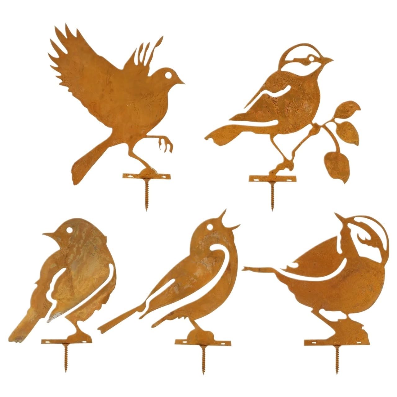 AFDHVTKLDR Garden Decorative Silhouette 5Pcs Rusty Metal Bird Garden Fence Statues Iron Art Crafts Courtyard Lawn Stake Silhouette Decorations(5Pcs A)